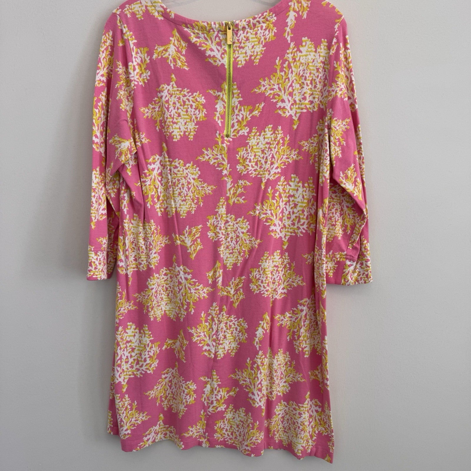 Crown & Ivy Pink Coral Print Shift Dress L 3/4 Sleeve Preppy Coastal Women’s
