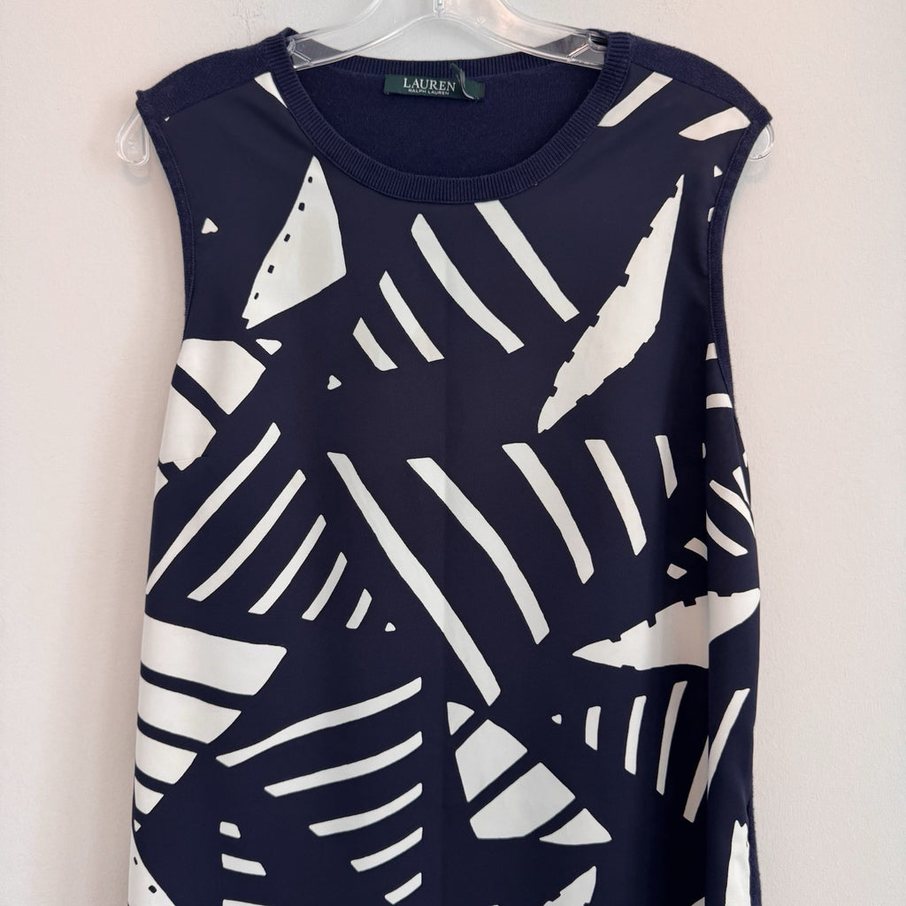 Lauren Ralph Lauren Navy White Geometric Sheath Dress Large L Sleeveless Mod