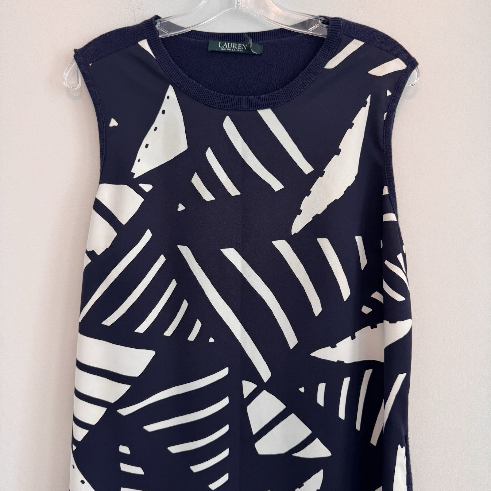 Lauren Ralph Lauren Navy White Geometric Sheath Dress Large L Sleeveless Mod