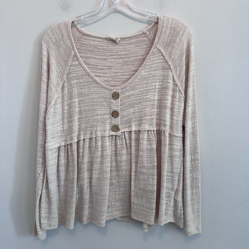 Peach Love California Blush Beige Babydoll Top Small Boho Long Sleeve USA