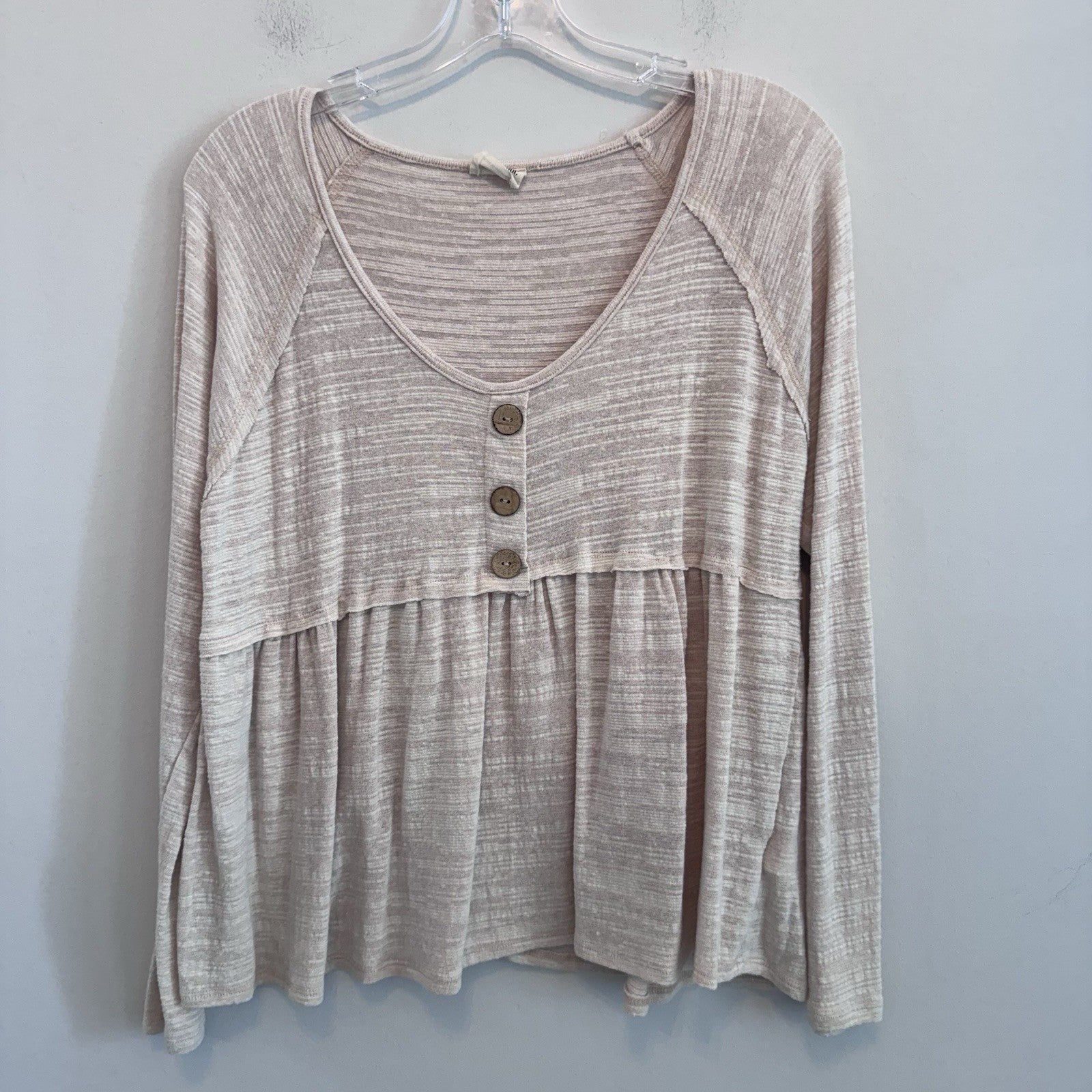 Peach Love California Blush Beige Babydoll Top Small Boho Long Sleeve USA