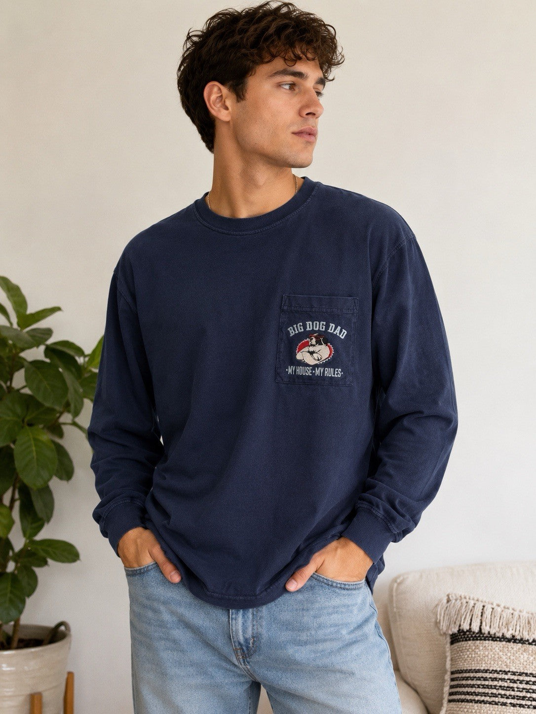 Big Dog Dad “My House My Rules” Pocket Long Sleeve Shirt Large Navy Blue Y2k Vtg
