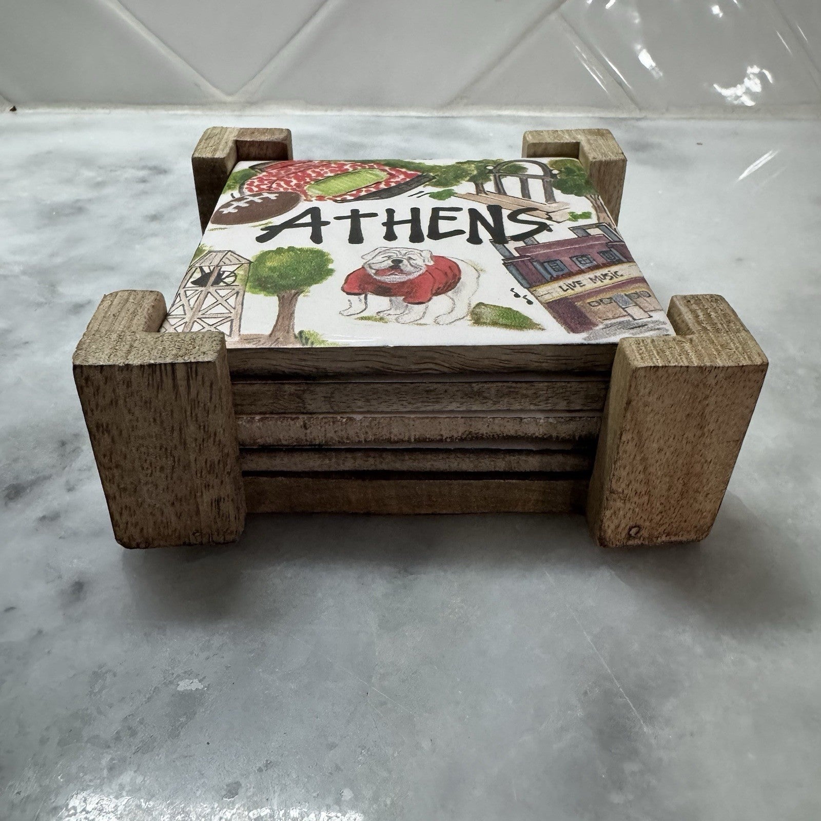 Athens Grunge Travel 4'' X 4'' Square Wooden Coaster