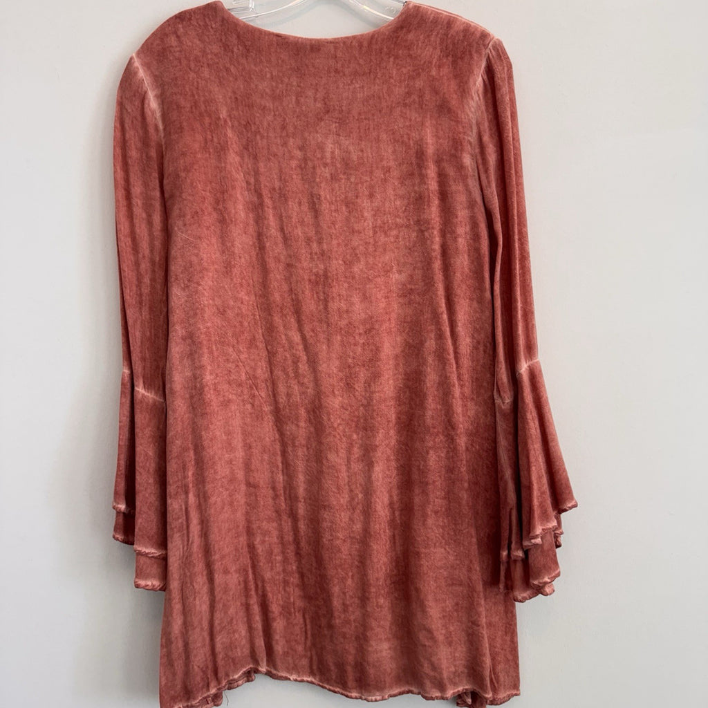 Entro Women’s Medium Rust Bell Sleeve Lace Up Boho Mini Dress Peasant Tunic