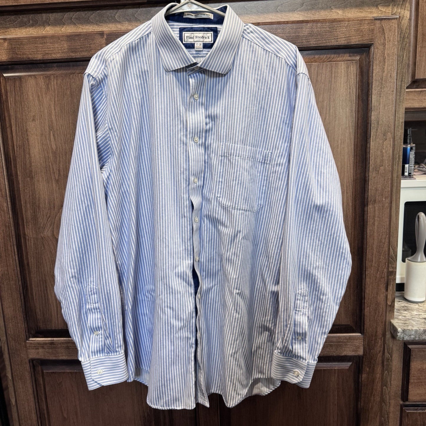 Paul Fredrick Men’s Dress Shirt 17-36 Tailored Fit Blue White Stripe