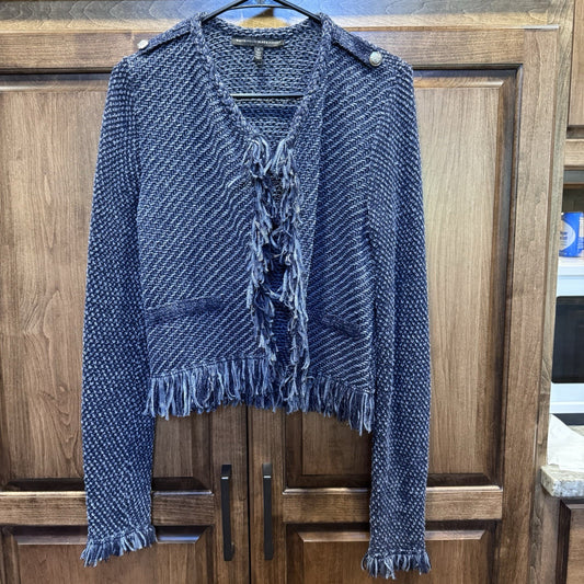 White House Black Market Women’s Fringe Tweed Knit Jacket Small Blue Open Front