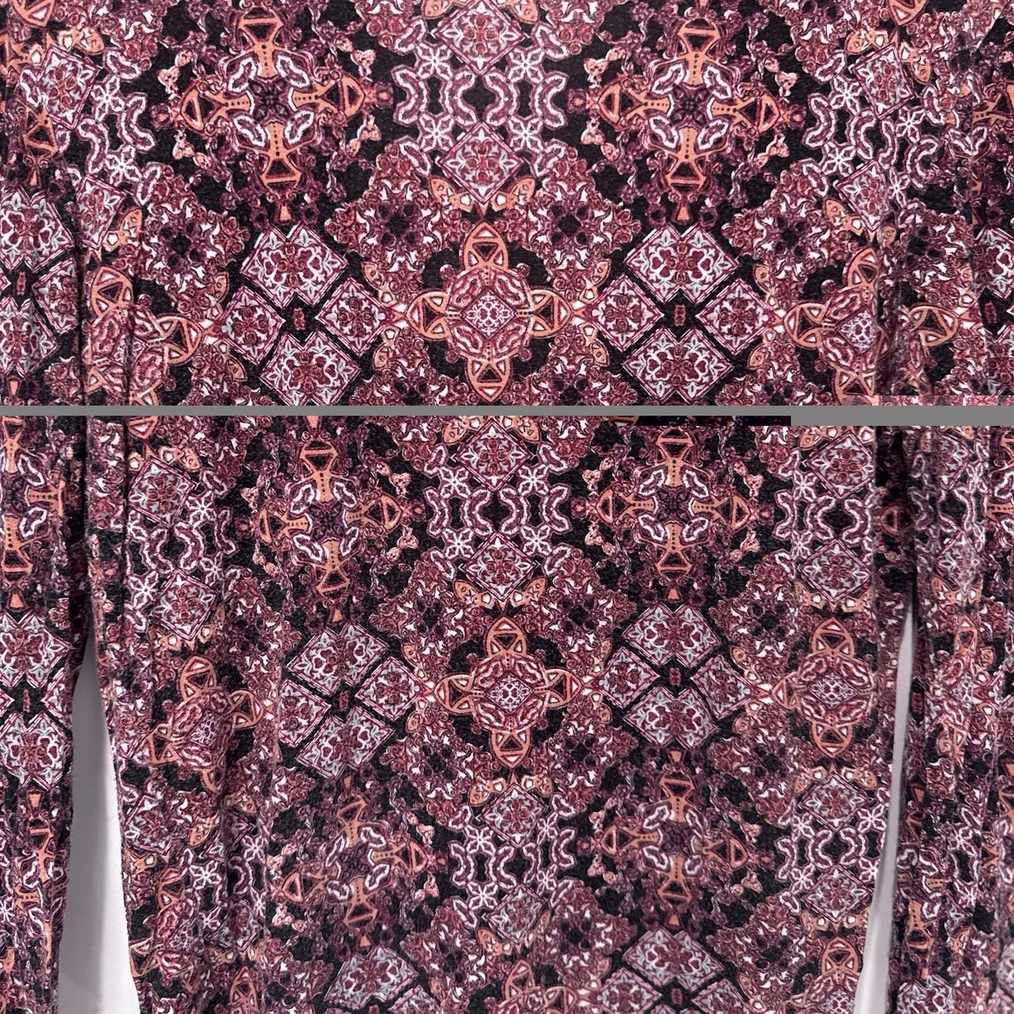 Wet Seal Y2K Print Long Sleeve Mock Neck Top XL Boho Retro Pattern Cutout Back