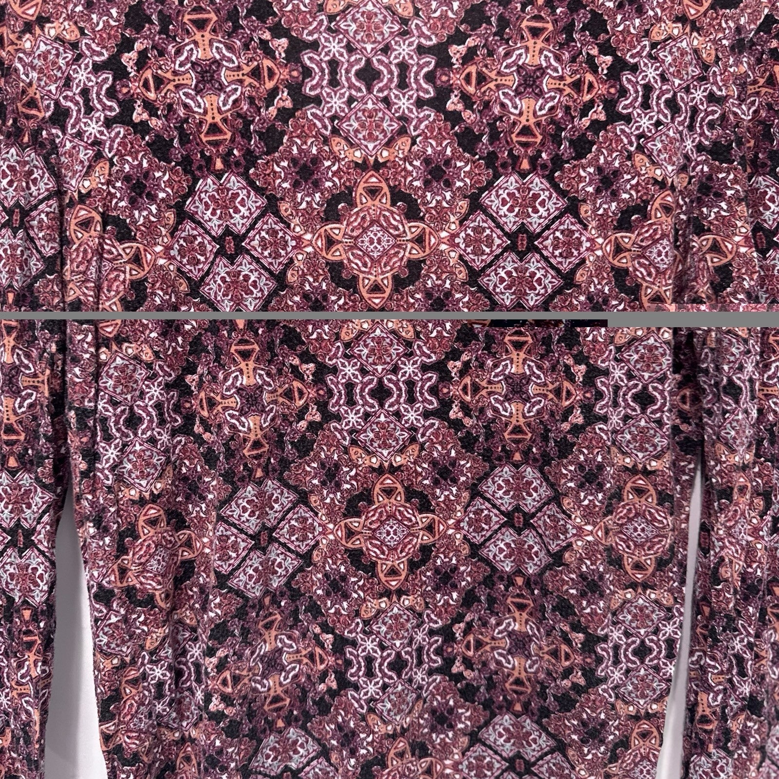 Wet Seal Y2K Print Long Sleeve Mock Neck Top XL Boho Retro Pattern Cutout Back