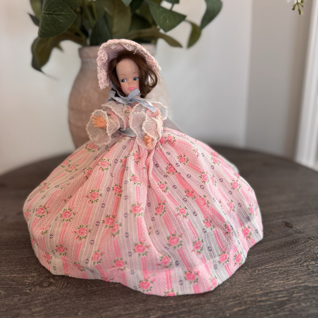 Vintage Southern Belle Souvenir Doll 8.5" Pink Rose Floral Gown Lace Bonnet 1950