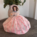 Vintage Southern Belle Souvenir Doll 8.5" Pink Rose Floral Gown Lace Bonnet 1950