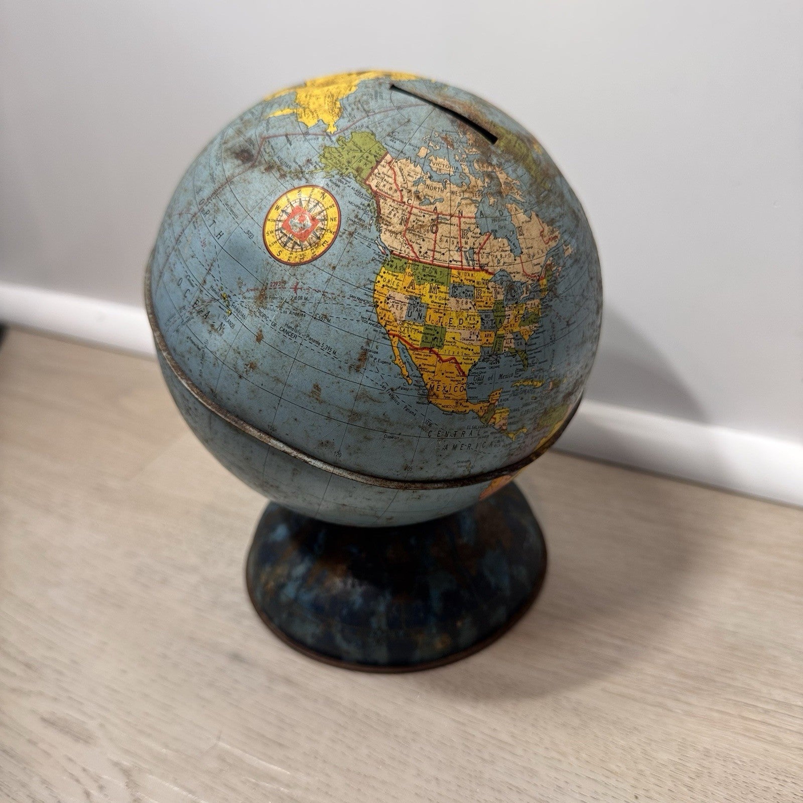 Vintage J Chein Tin Litho World Globe Bank Mid Century Industrial Decor Patina