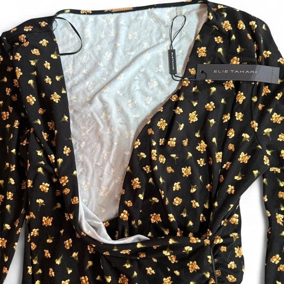 NWT Elie Tahari Black Floral Ruched Long Sleeve Top Women's Size M