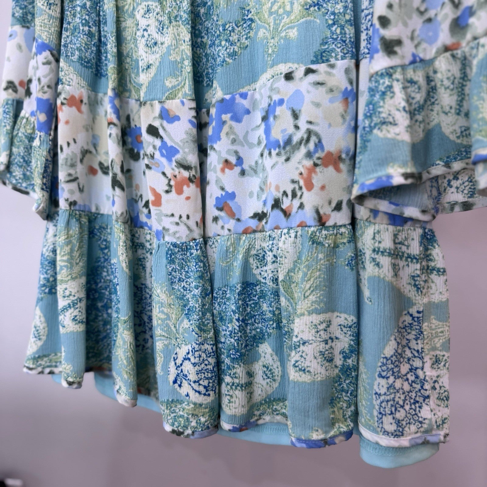 Entro Womens Tiered Boho Tunic Top Blue Green Floral Size S