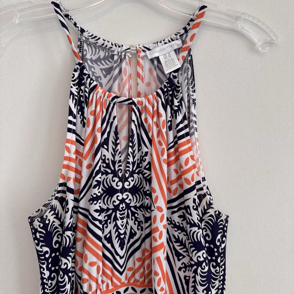 London Times Geo Tile Print Halter Maxi Dress Navy Orange Size 8