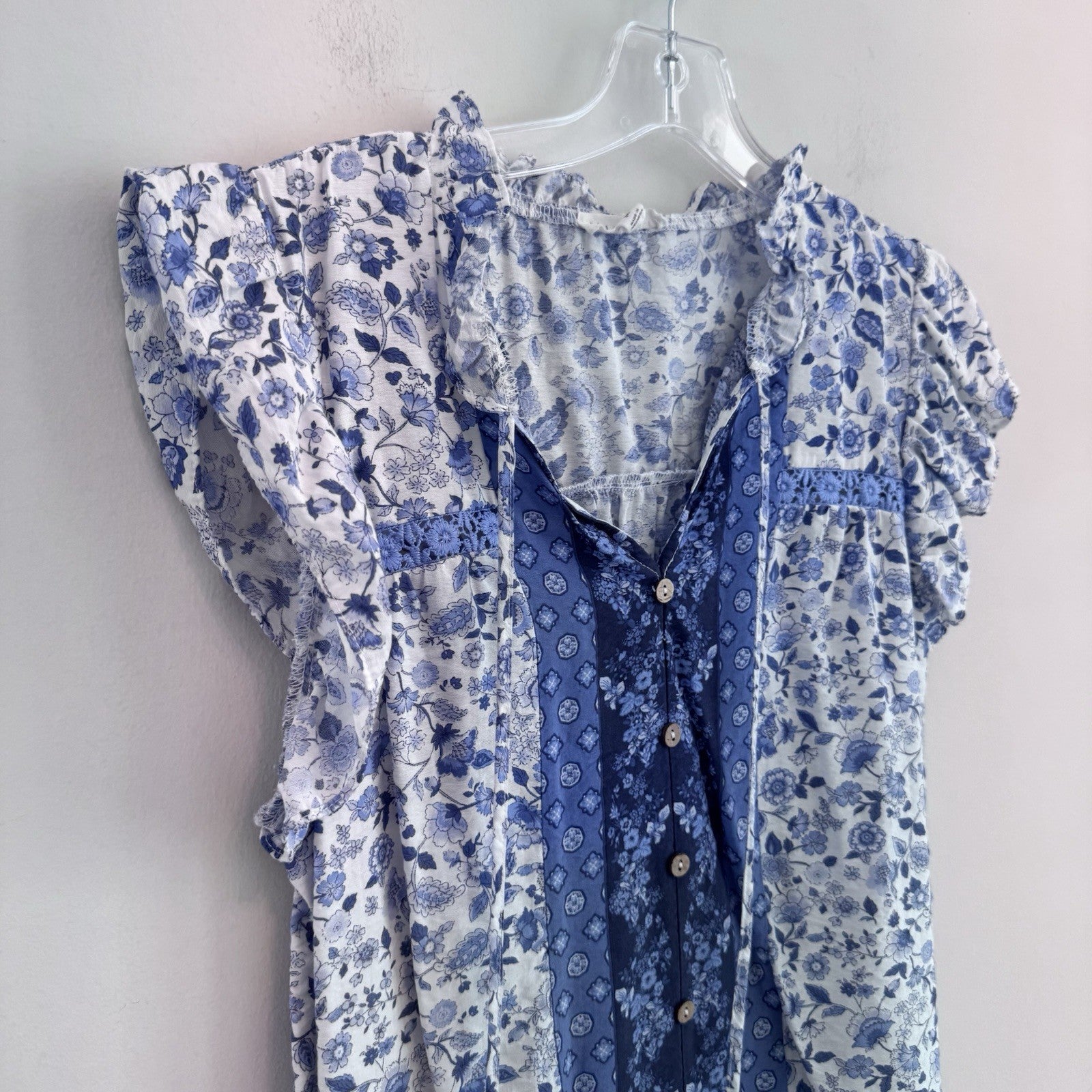 Blu Pepper Floral Patchwork Boho Top Women Medium Blue Cottagecore