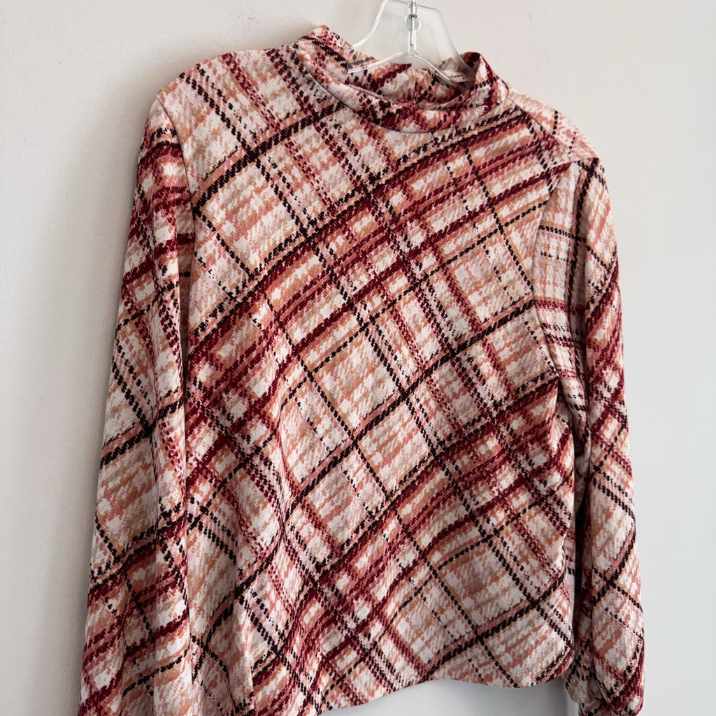 PerSeption Concept Womens L Rust Plaid Mock Neck Balloon Sleeve Blouse Stretch