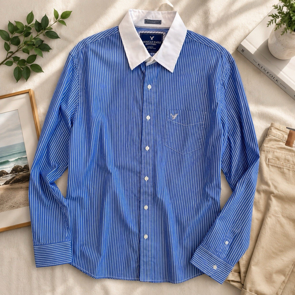 American Eagle XL Blue Stripe Button Up Shirt White Collar Vintage Fit