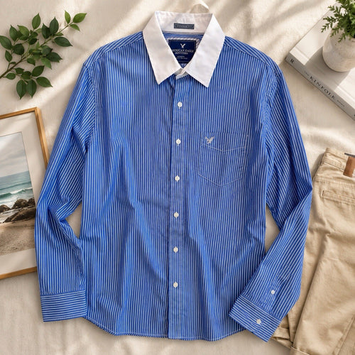 American Eagle XL Blue Stripe Button Up Shirt White Collar Vintage Fit