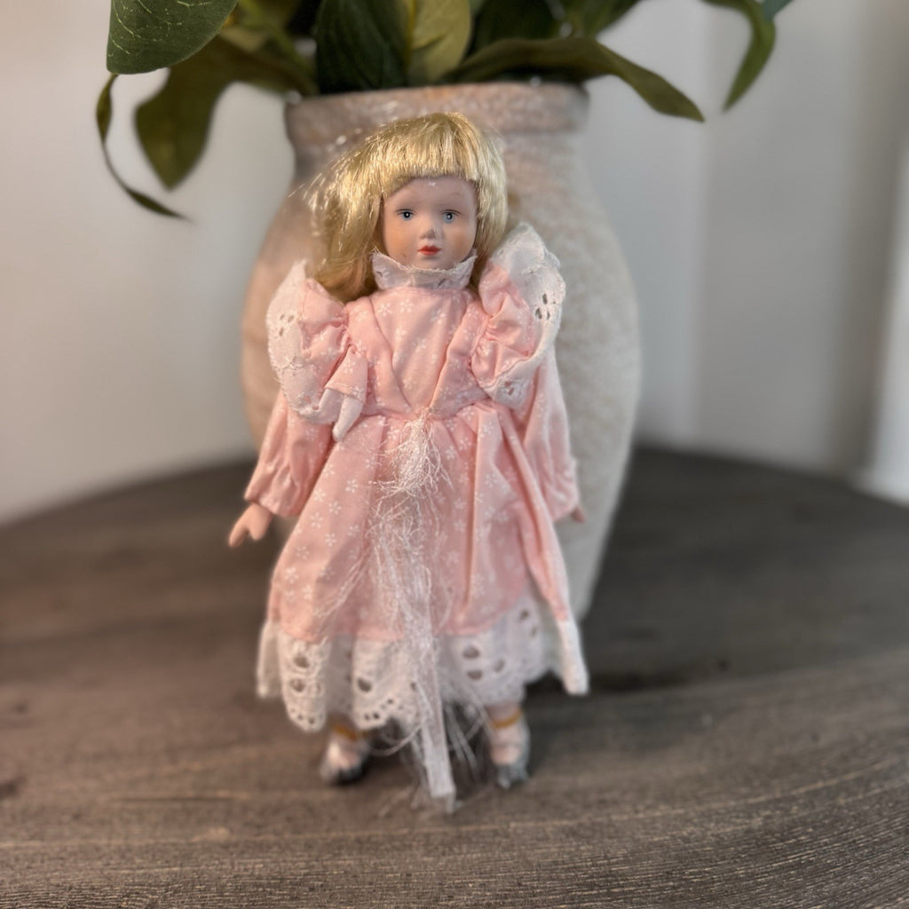 Vintage Porcelain Doll Blonde Blue Eyes Pink Floral Dress Lace Trim 8" Taiwan