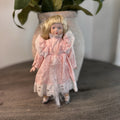 Vintage Porcelain Doll Blonde Blue Eyes Pink Floral Dress Lace Trim 8" Taiwan