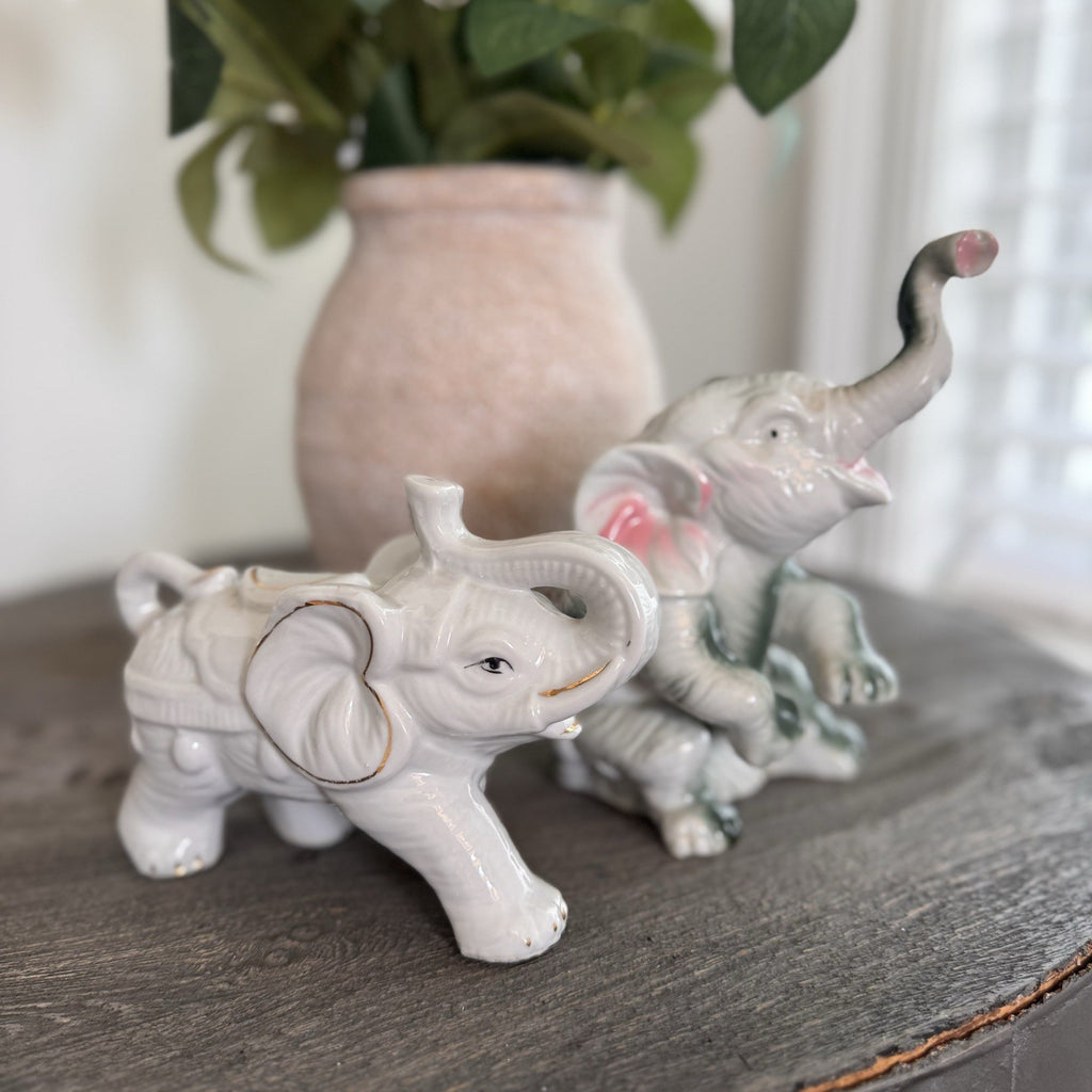 Vintage Porcelain Elephant Figurine Lot 2 White Gold Trim Trunk Up Good Luck