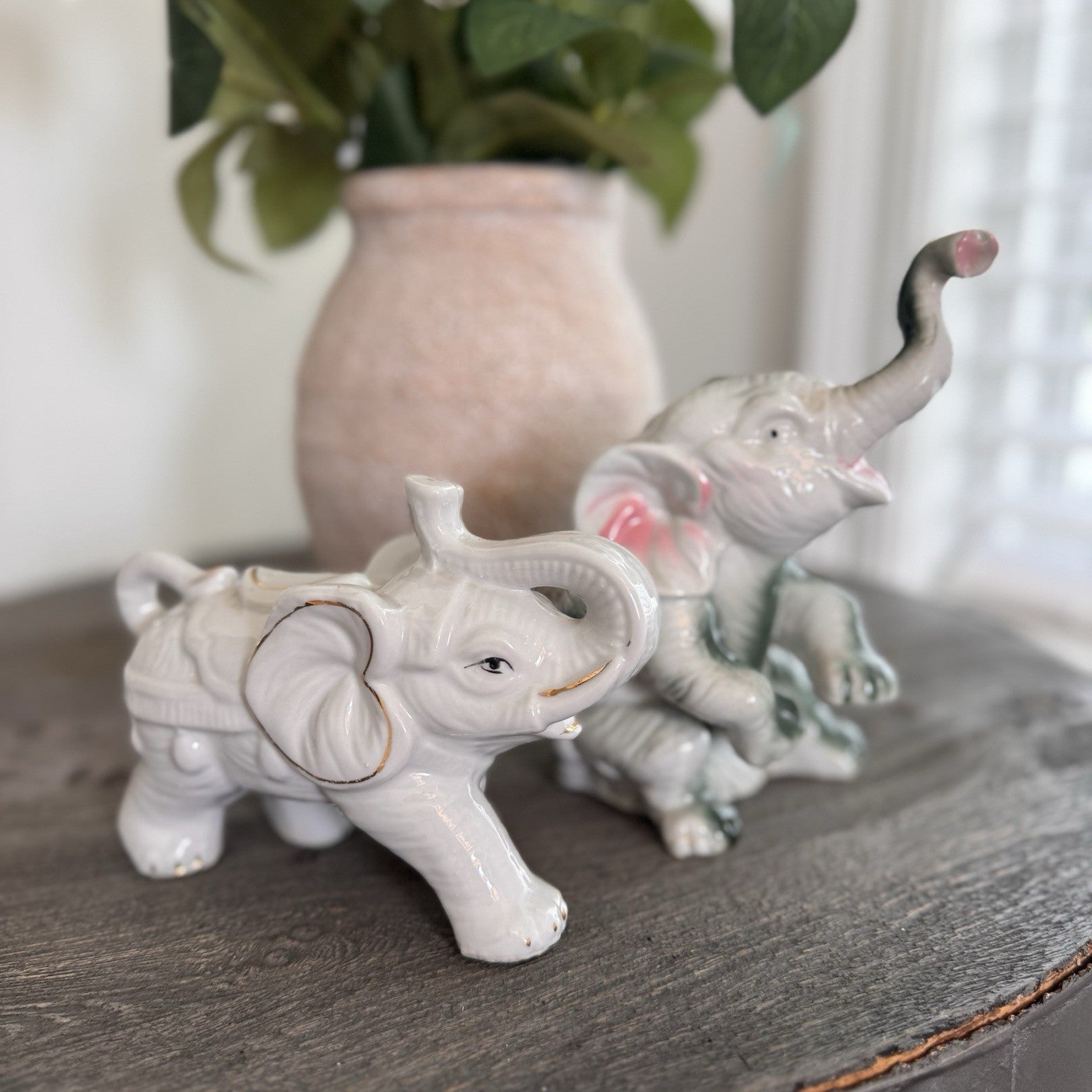 Vintage Porcelain Elephant Figurine Lot 2 White Gold Trim Trunk Up Good Luck