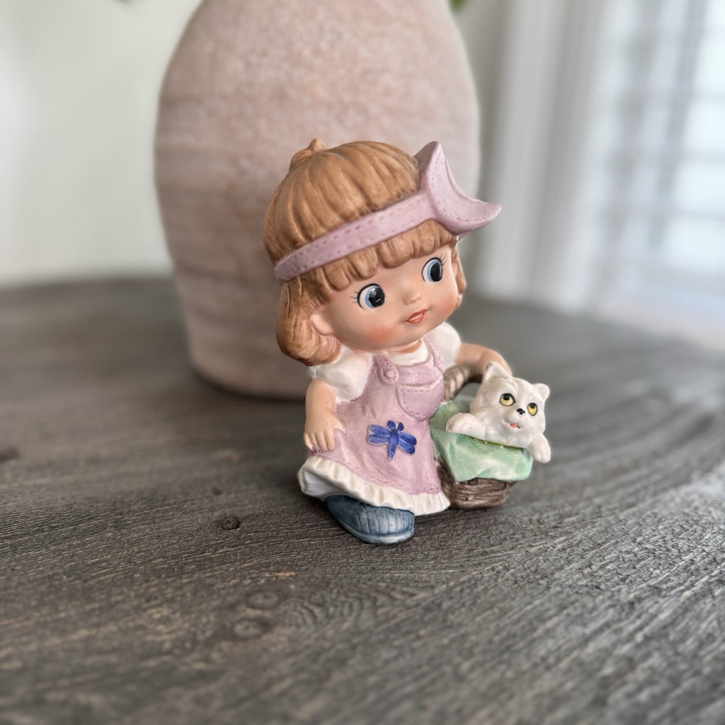 Vintage Homeco Porcelain Figurine Girl in Pink Dress with White Cat in Basket