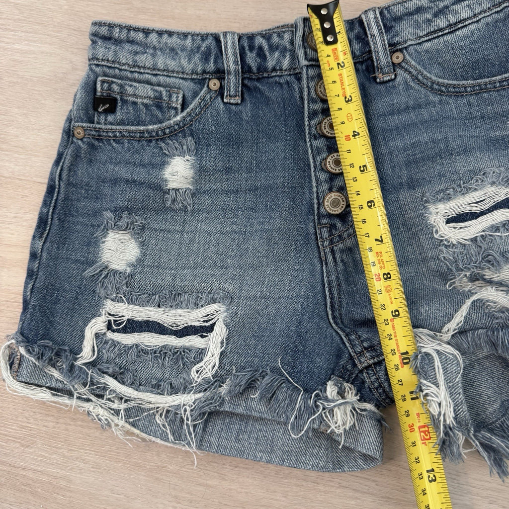 KanCan Distressed Denim Shorts Women’s Small Button Fly Raw Hem Festival