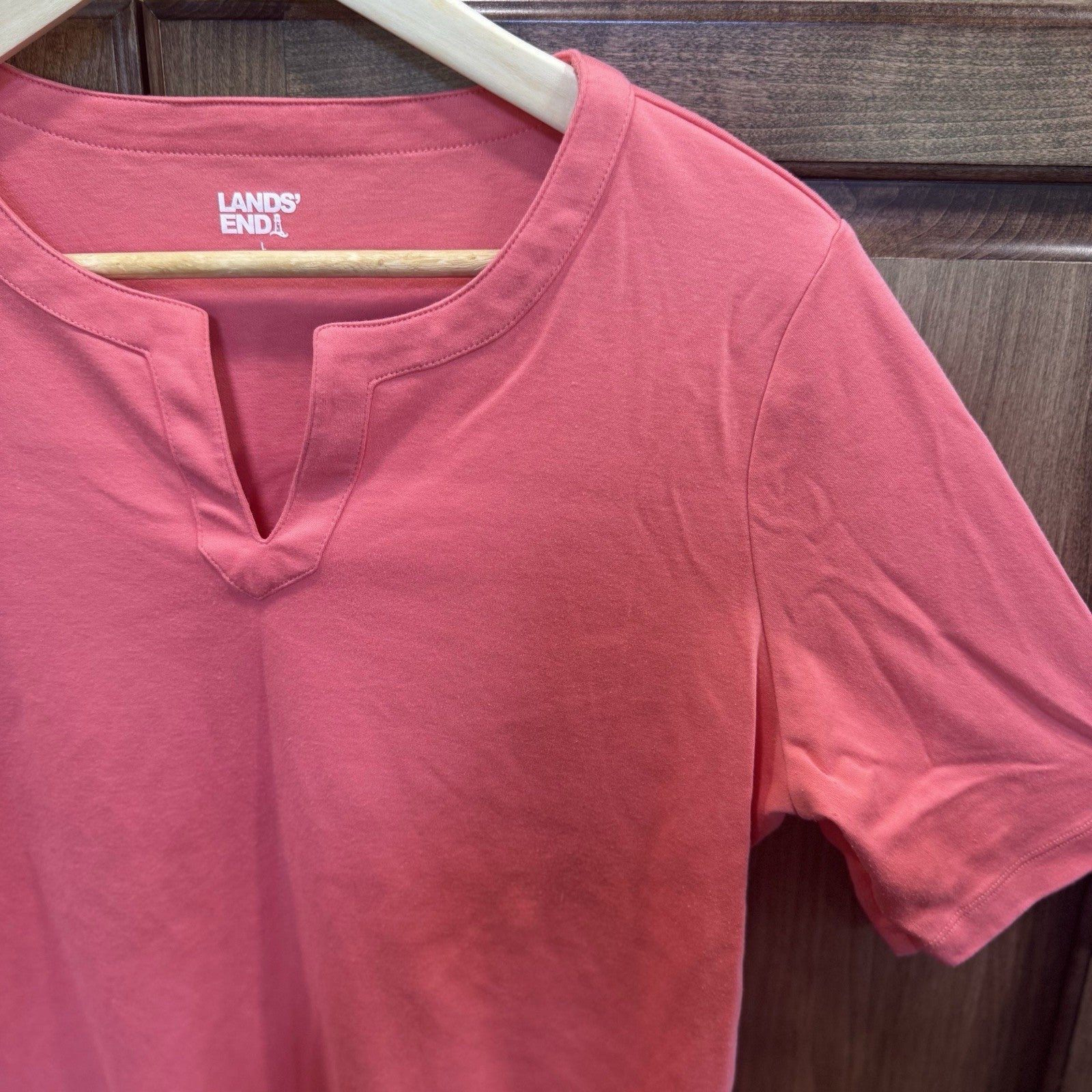 Lands’ End Women’s Split Neck Knit Top Size L (14-16) Pink Cotton Blend