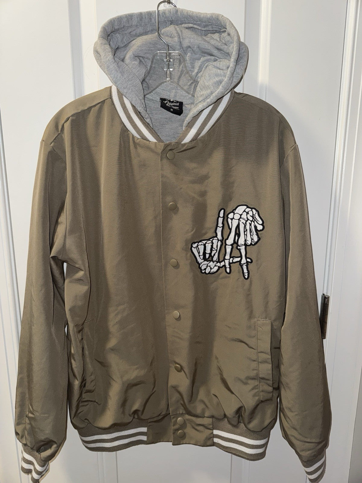 Original Deluxe Supply LA Skeleton Hand Hooded Varsity Jacket Brown/Tan Size M