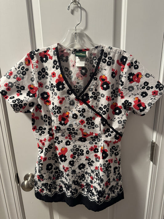 Women's Size Small Sesame Street Elmo White Red Black Floral Scrub Top