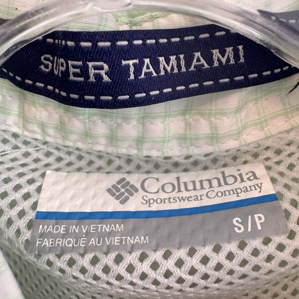 Columbia PFG Super Tamiami Shirt Mens Small S Mint Green Plaid Fishing S/S