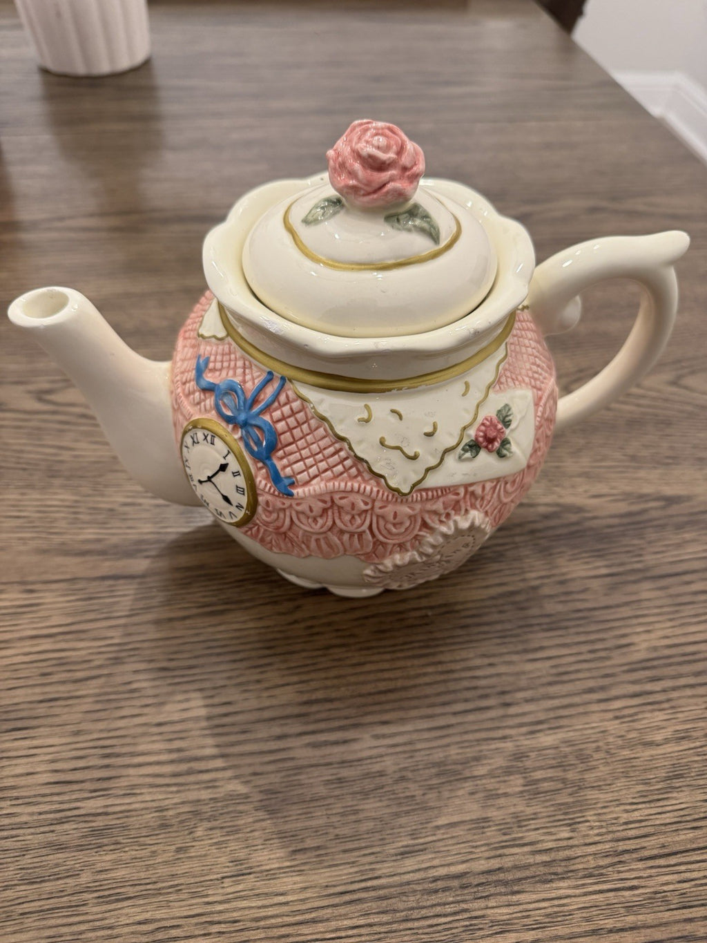 1990s Seymour Mann Ceramic Teapot w/ Floral Clock Bow Rose Design