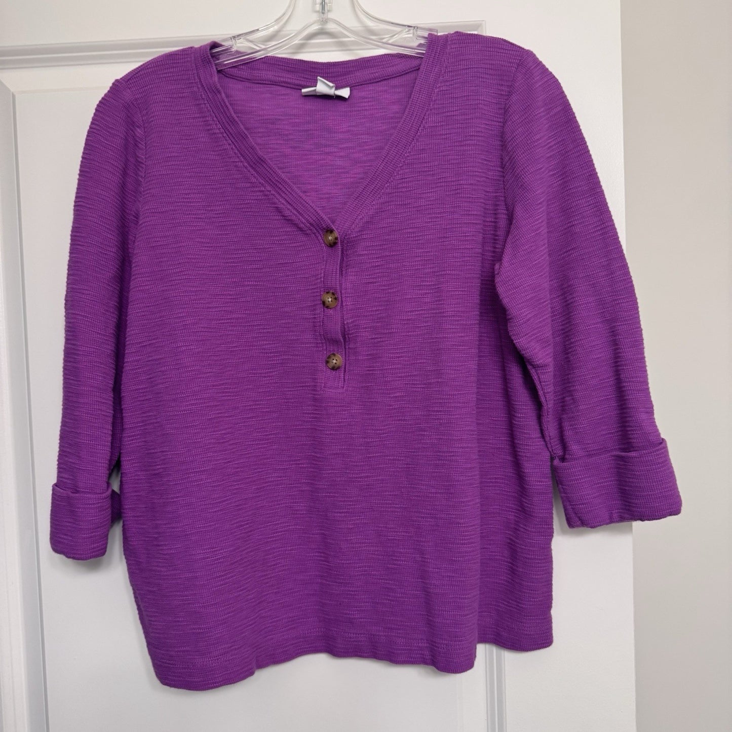 J. Jill Purple Button Front Cotton Knit Top M Petite 3/4 Sleeve Textured