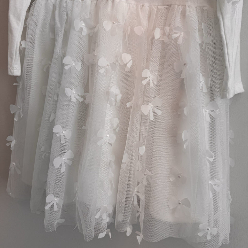 Btween Girls White Tulle Dress Size 8 Bow Detail Long Sleeve NWT With Bow