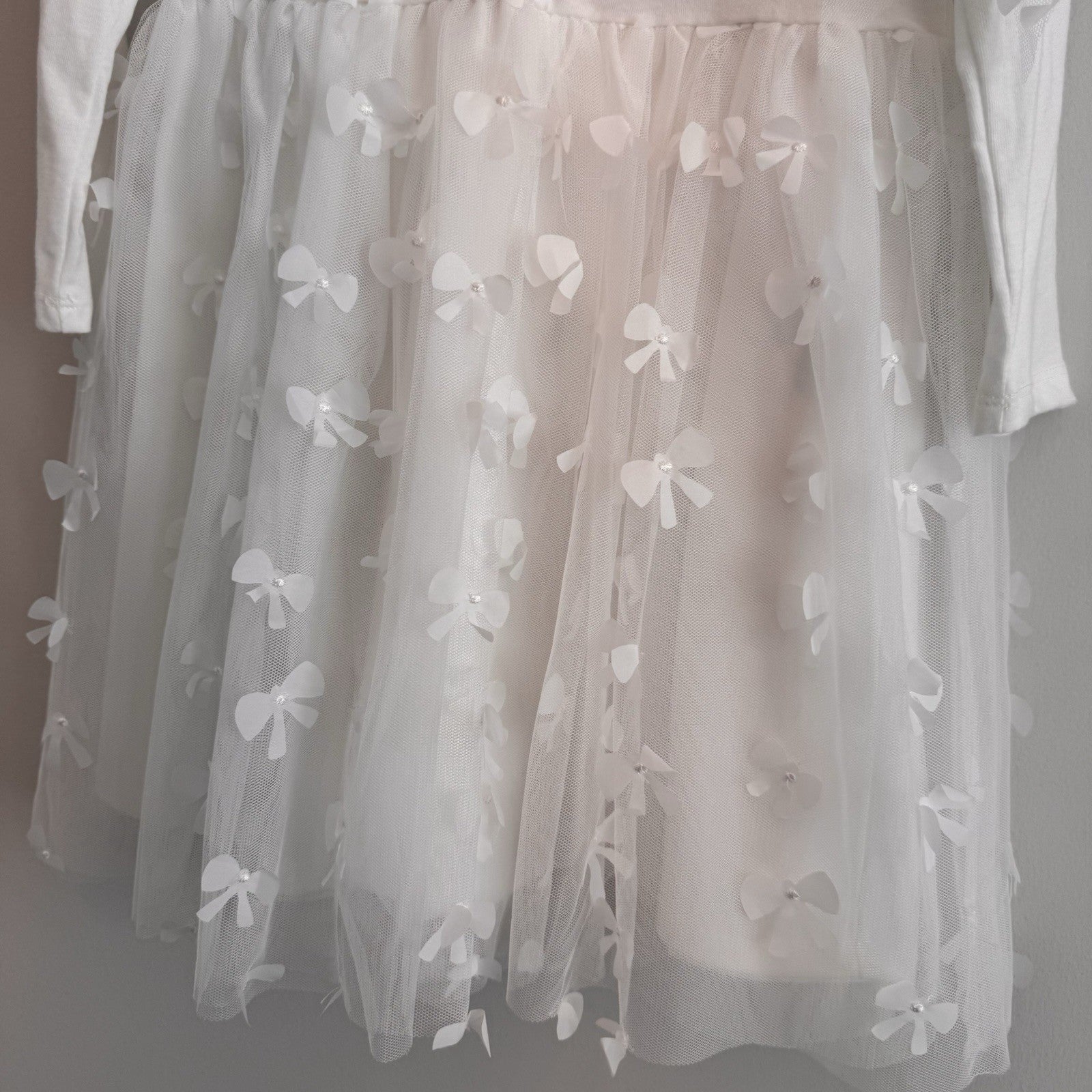 Btween Girls White Tulle Dress Size 8 Bow Detail Long Sleeve NWT With Bow