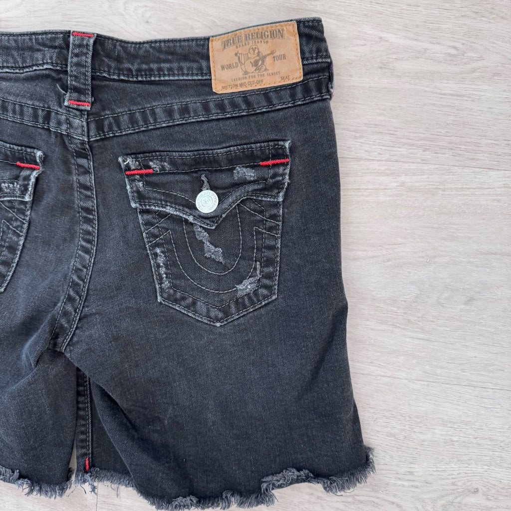 True Religion Y2K Cut Off Shorts 30 Black Red Stitch Flap Women’s