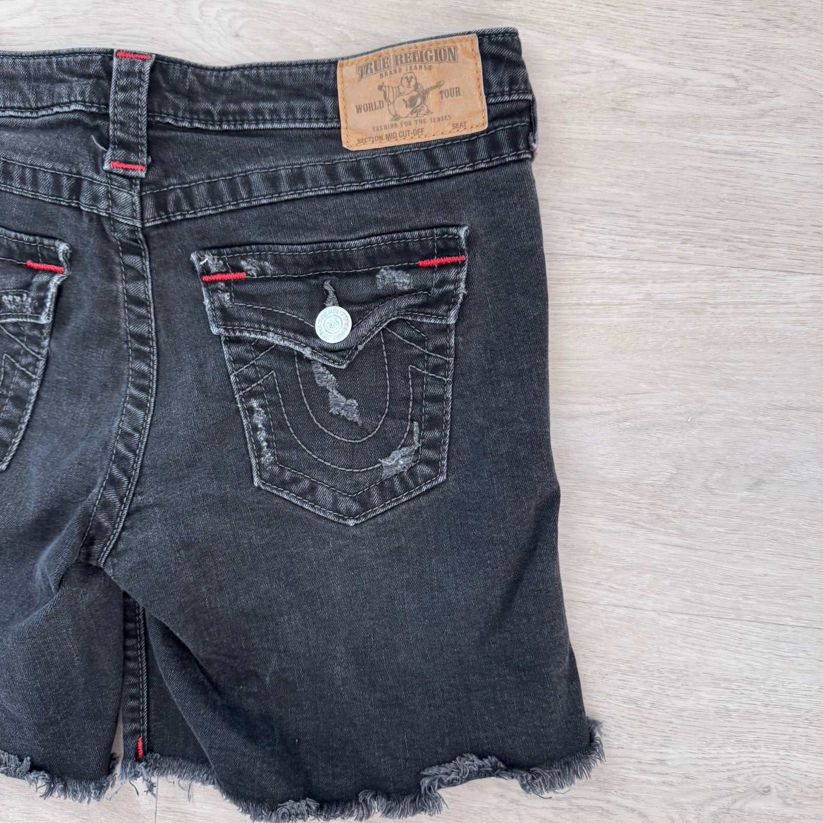 True Religion Y2K Cut Off Shorts 30 Black Red Stitch Flap Women’s