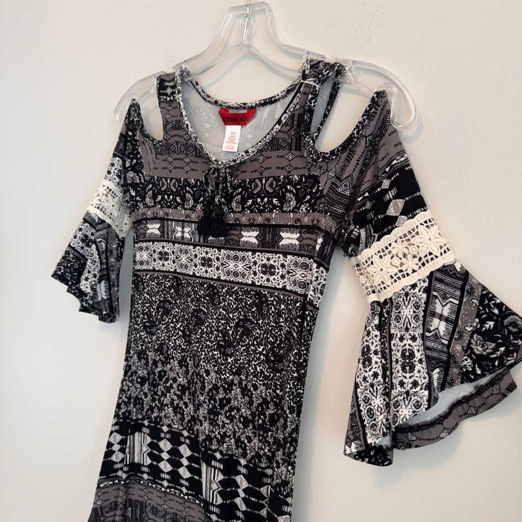 1st Kiss Girls Size 10/12 Cold Shoulder Boho Tunic Top Black White Mixed Pattern