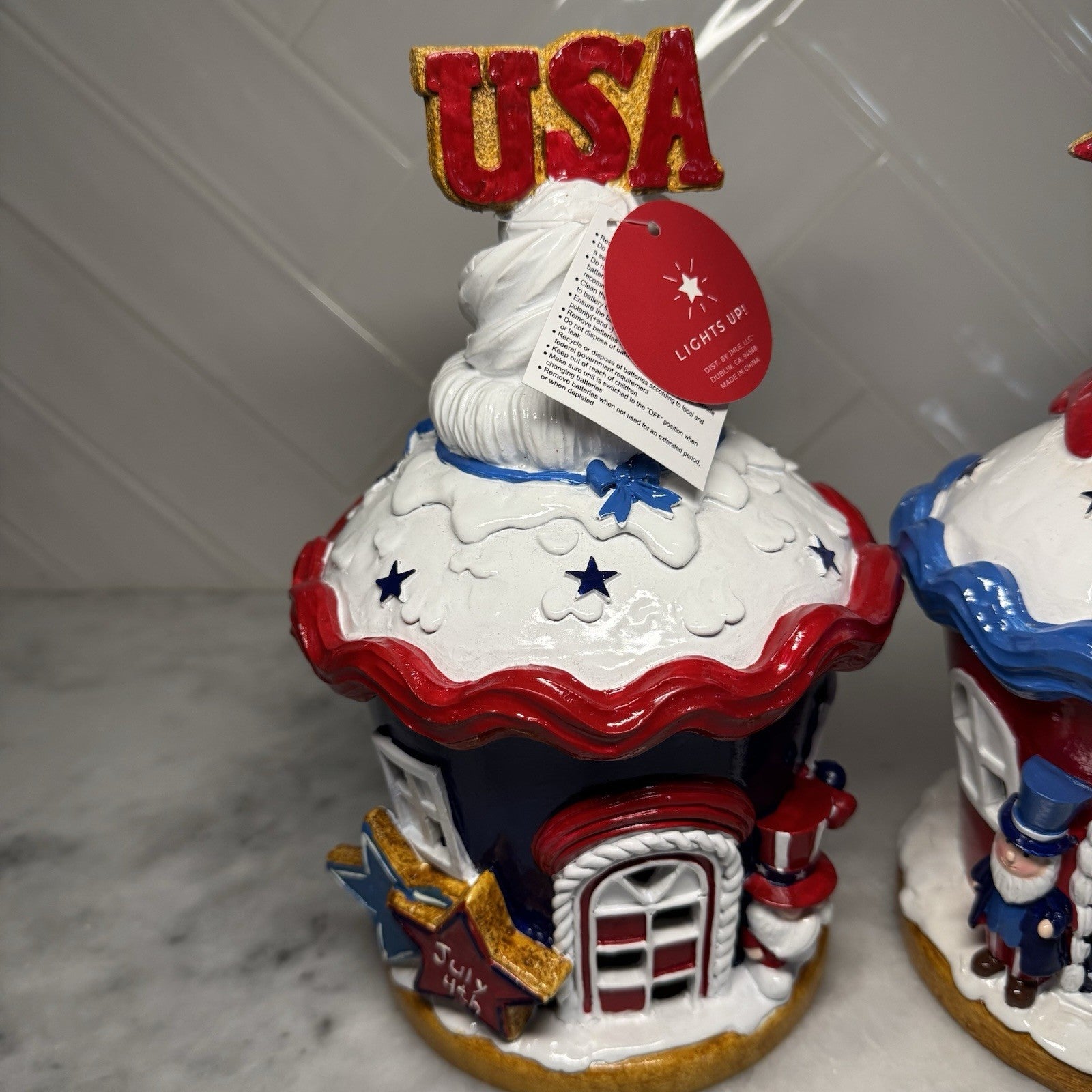 Set of 2 Patriotic Light Up Cupcake Houses USA 1776 July 4th Decor
