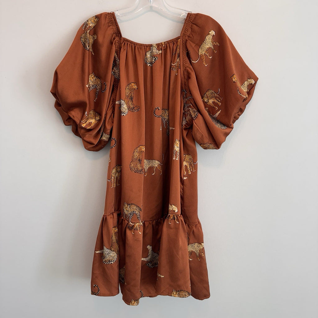 Entro Leopard Print Puff Sleeve Mini Dress Women’s Small Boho Tiered Boutique