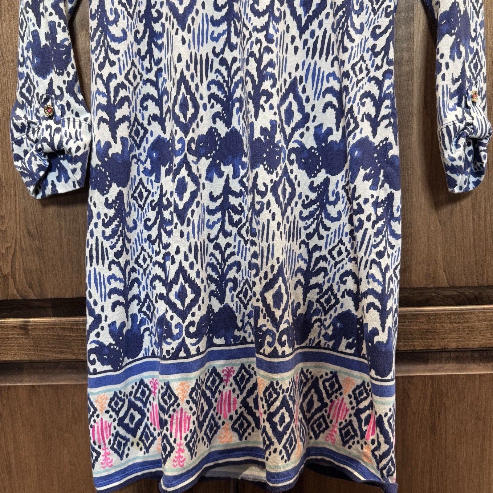 Lilly Pulitzer Blue Elephant Print Dress Small 3/4 Sleeve Cotton Shift