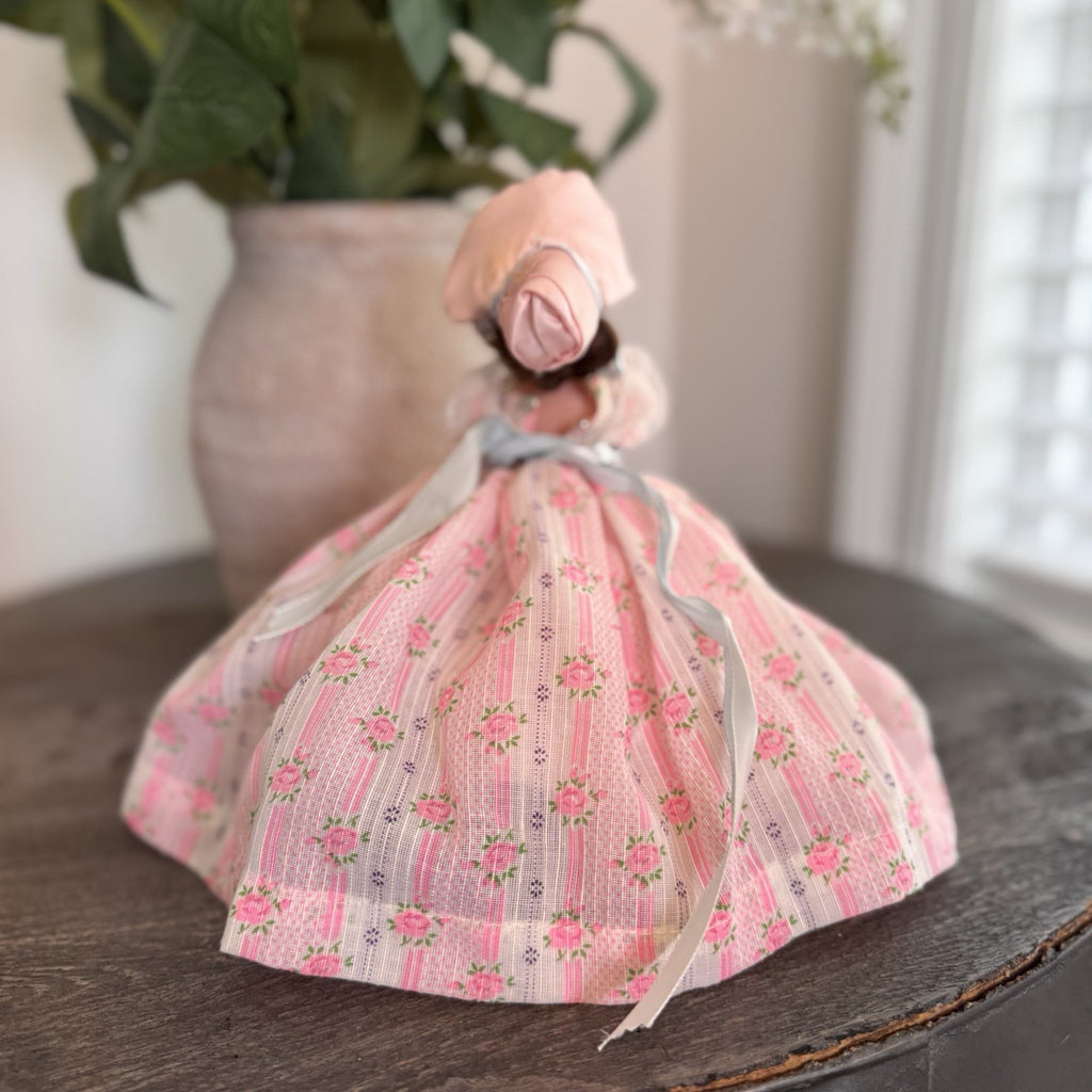 Vintage Southern Belle Souvenir Doll 8.5" Pink Rose Floral Gown Lace Bonnet 1950