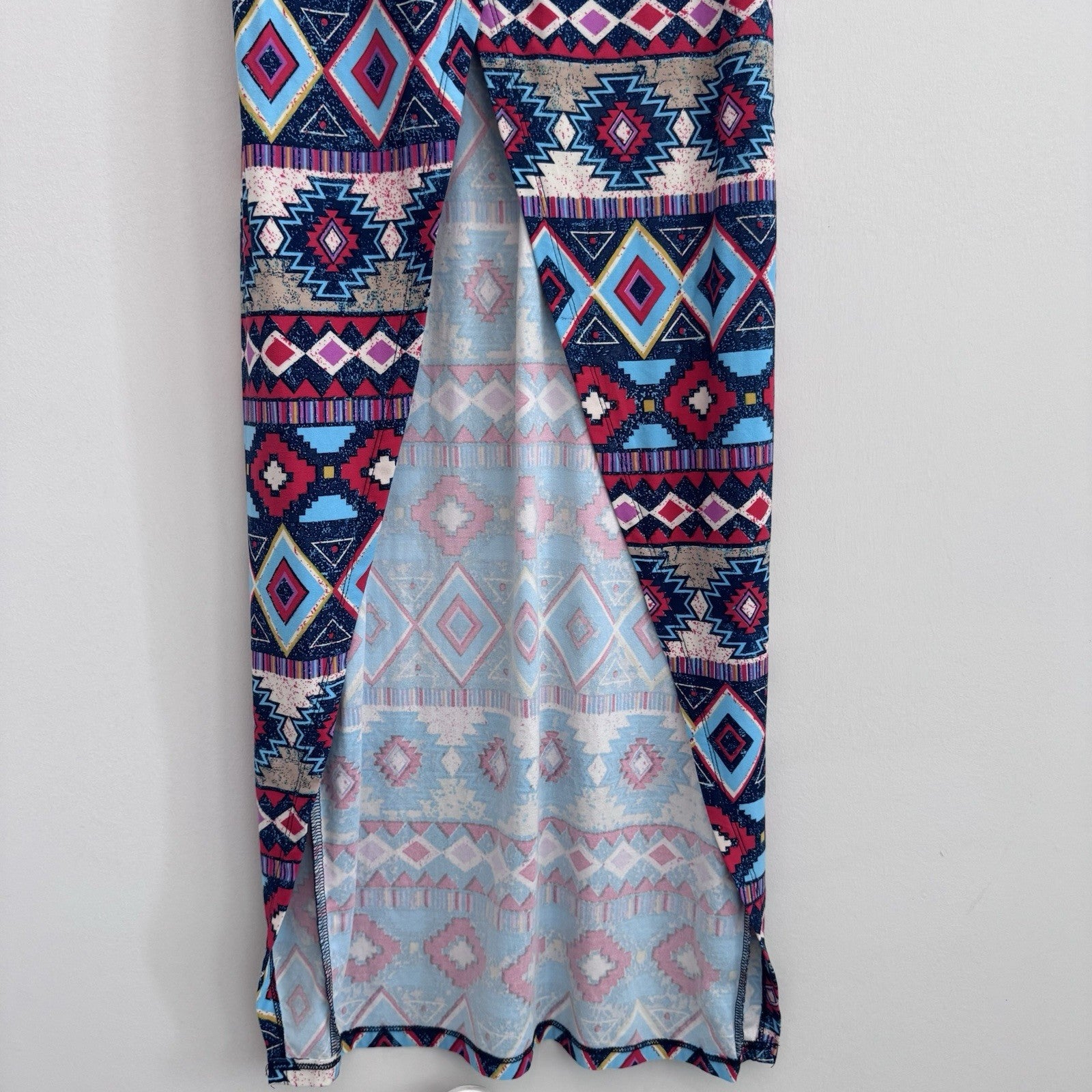 Hot Kiss Maxi Dress Large Boho Aztec Tribal Print Side Slit 3/4 Sleeve