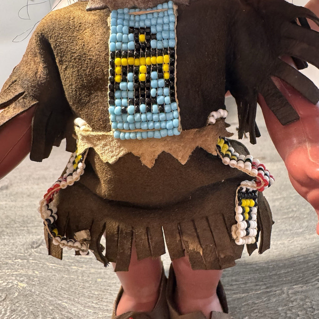Vintage Native American Indian Doll Vinyl Souvenir Beaded Outfit Red Fringe