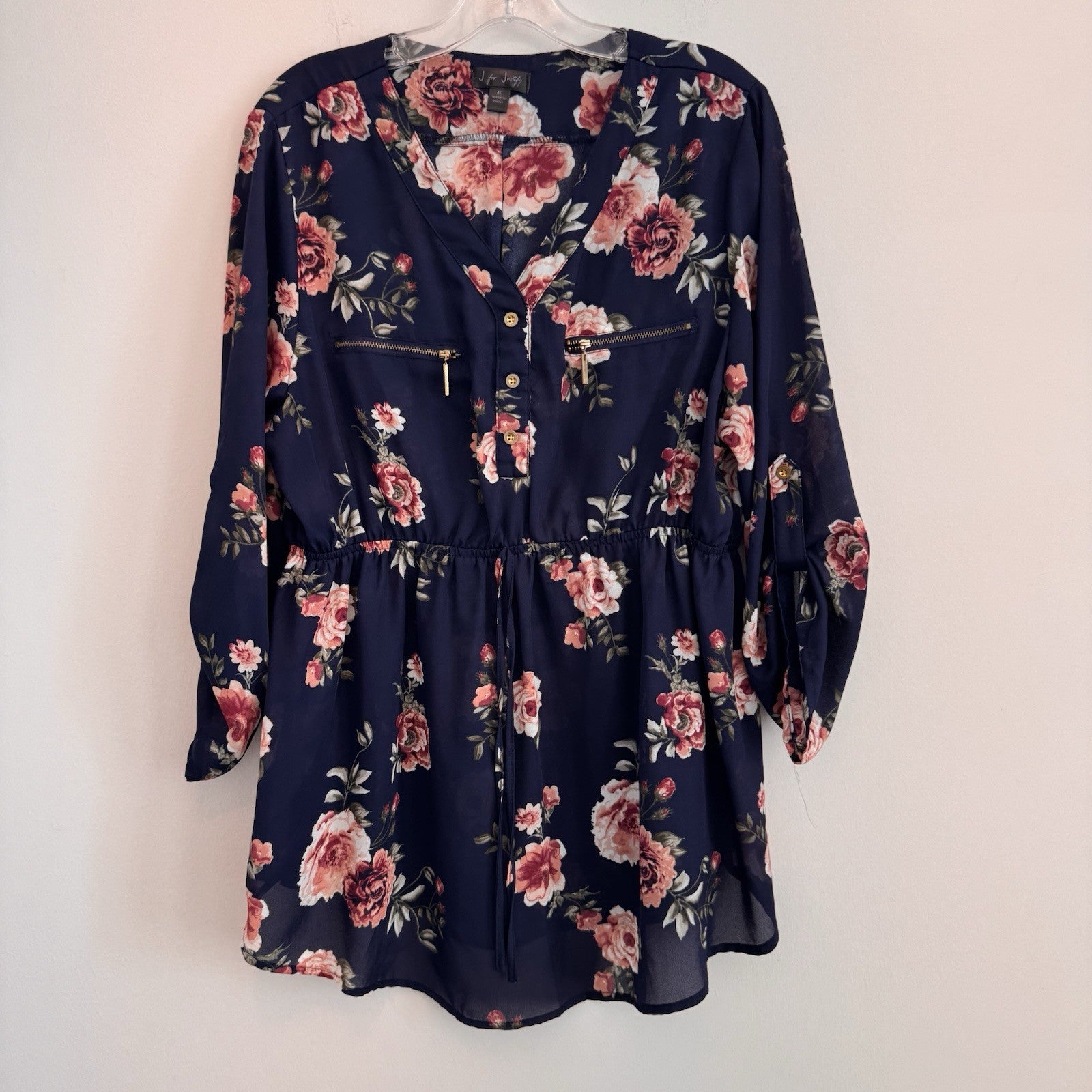 J for Justify Navy Floral Peplum Tunic Blouse Roll Tab Sleeve XL