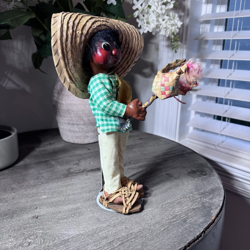 VTG Mexican Folk Art Cloth Dolls Pair Hand Painted Man Woman Handmade Straw Hat