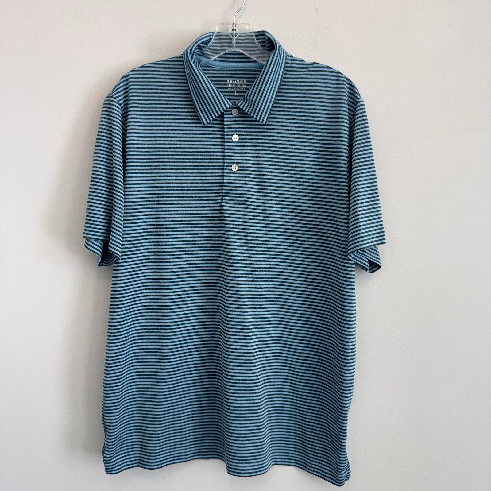 Brooks Brothers Mens Large Polo Shirt Blue Striped Performance Golf Sleeve Logo
