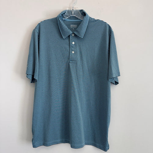 Brooks Brothers Mens Large Polo Shirt Blue Striped Performance Golf Sleeve Logo