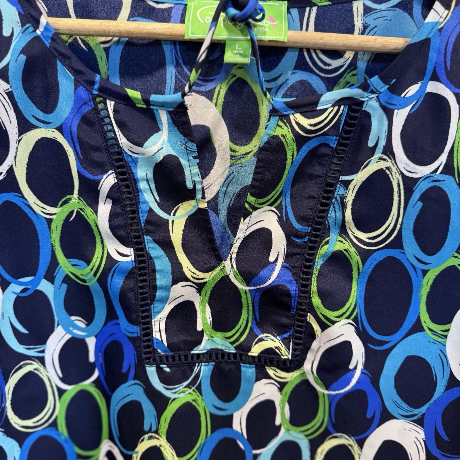 Pappagallo Boho Blouse Women’s Size L Colorful Circle Print Tie Neck 